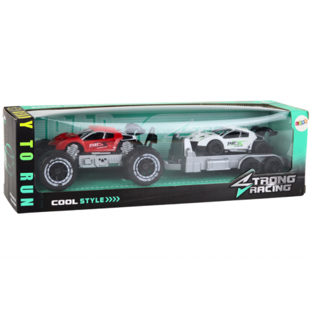 Punase maastikuauto ja valge sportauto puksiirauto komplekt