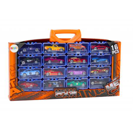 Metallist kohvris vedrudega autode komplekt, 16 tk