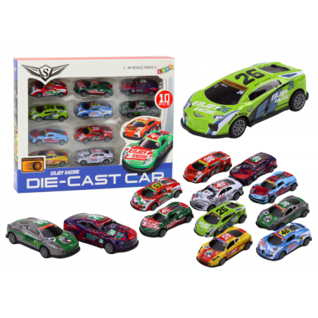 Mänguautode komplekt, vedruvedrud, sportlikud võidusõiduautod 1:64, 10 tk.