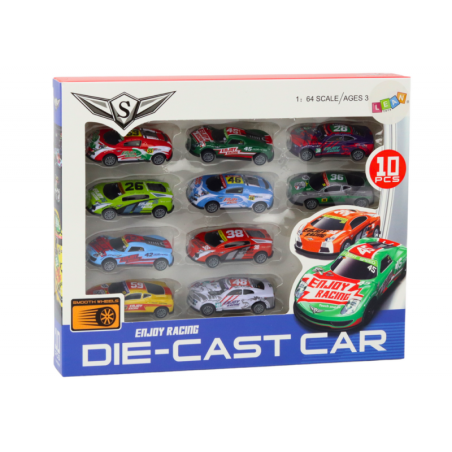 Mänguautode komplekt, vedruvedrud, sportlikud võidusõiduautod 1:64, 10 tk.