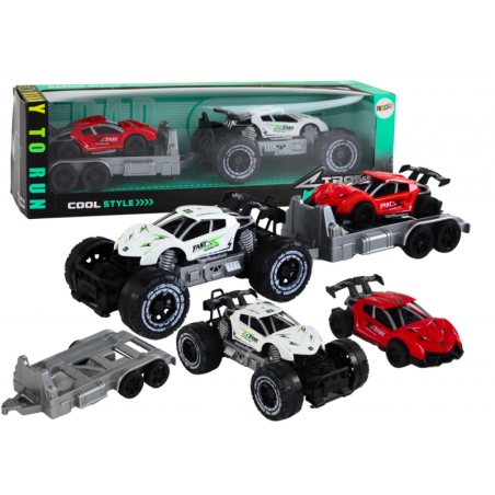 Komplekt: valge maastikuauto, punane sportauto, puksiirauto