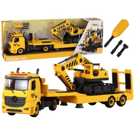 Kokkupandav roomikekskavaatoriga puksiirauto, helivalgus DIY kollane