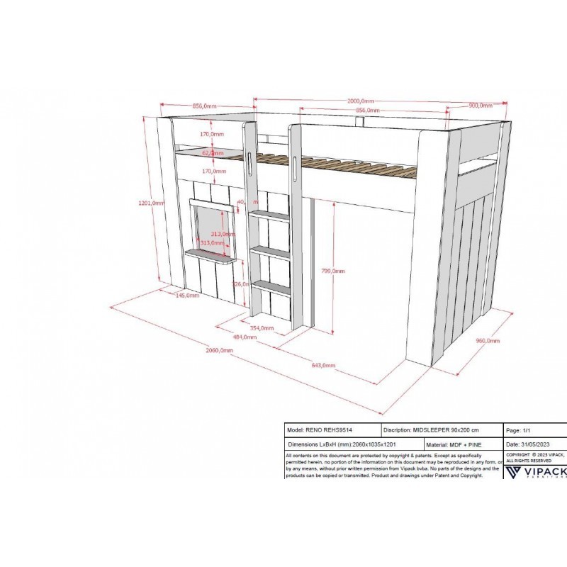 Kõrge majavoodi Reno 90x200 cm