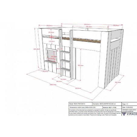 Kõrge majavoodi Reno 90x200 cm + kardinad