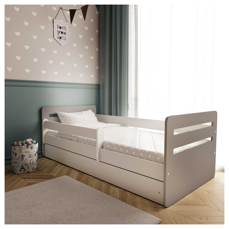 Voodi Tomi 80x140 cm, sahtli ja madratsiga, hall/valge