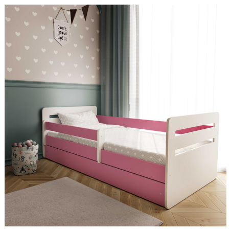 Voodi Tomi 80x180, sahtli ja madratsiga, roosa/valge