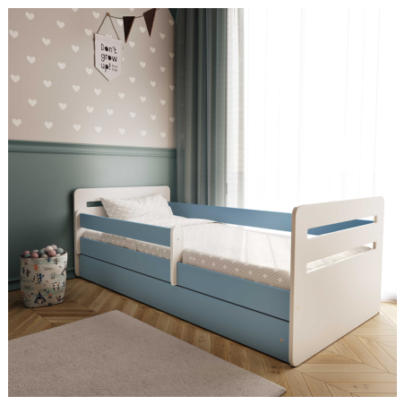 Voodi Tomi 80x180 cm, sahtli ja madratsiga, sinine/valge