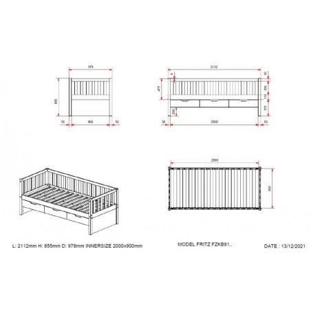 Voodi Fritz 90x200 cm 3 sahtliga, valge