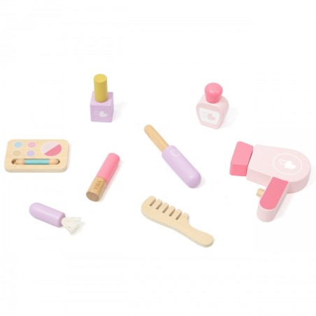 Suur valge ja roosa puidust laste tualettlaud peegli ja tooliga