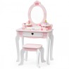 Suur valge ja roosa puidust laste tualettlaud peegli ja tooliga