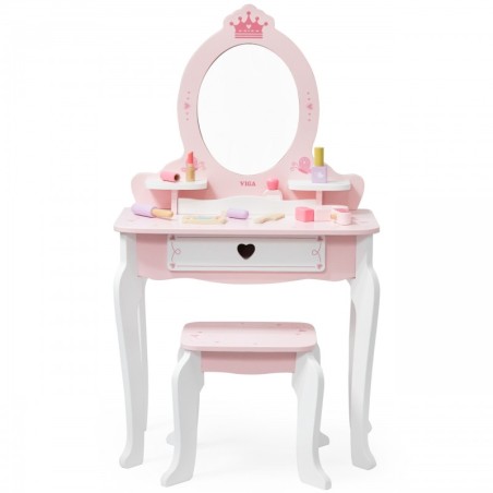 Suur valge ja roosa puidust laste tualettlaud peegli ja tooliga