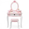 Suur valge ja roosa puidust laste tualettlaud peegli ja tooliga