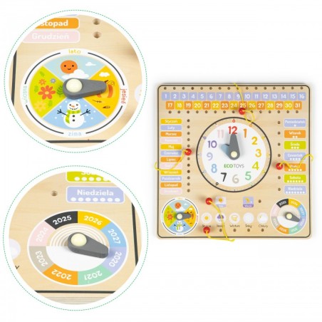 Puidust tegelustahvel kalendri ja kellaga