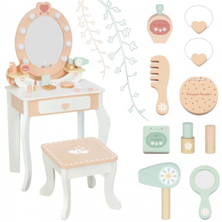 TOOKY TOY puidust tualettlaud koos tooliga, tarvikud, peegel LED valgustusega + kosmeetika