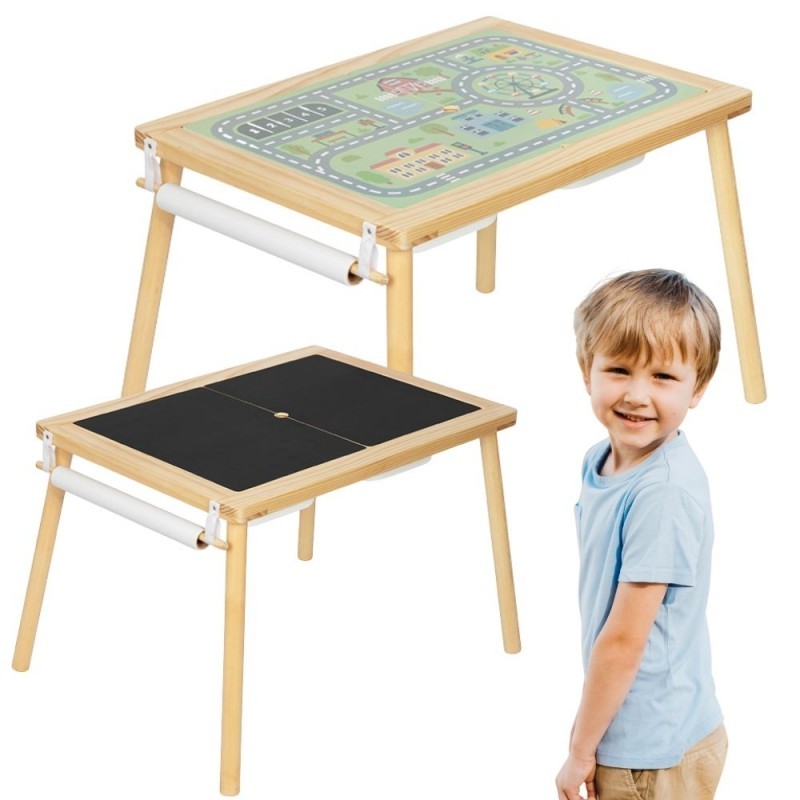 Puidust 4-ühes tegevuslaud, kriiditahvli, konteinerid, linnakaart, joonistuspaber