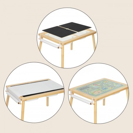 Puidust 4-ühes tegevuslaud, kriiditahvli, konteinerid, linnakaart, joonistuspaber