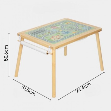 Puidust 4-ühes tegevuslaud, kriiditahvli, konteinerid, linnakaart, joonistuspaber