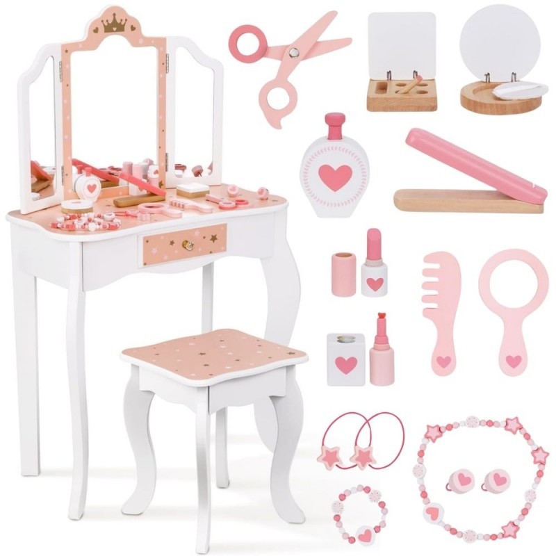 Puidust kosmeetikalaud peegli ja aksessuaaridega