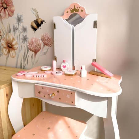 Puidust kosmeetikalaud peegli ja aksessuaaridega