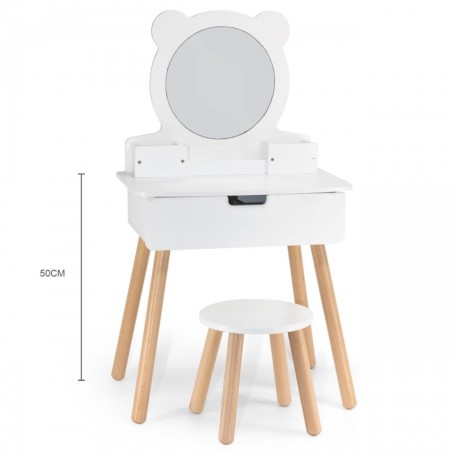 Valge puidust kosmeetikalaud ja taburett