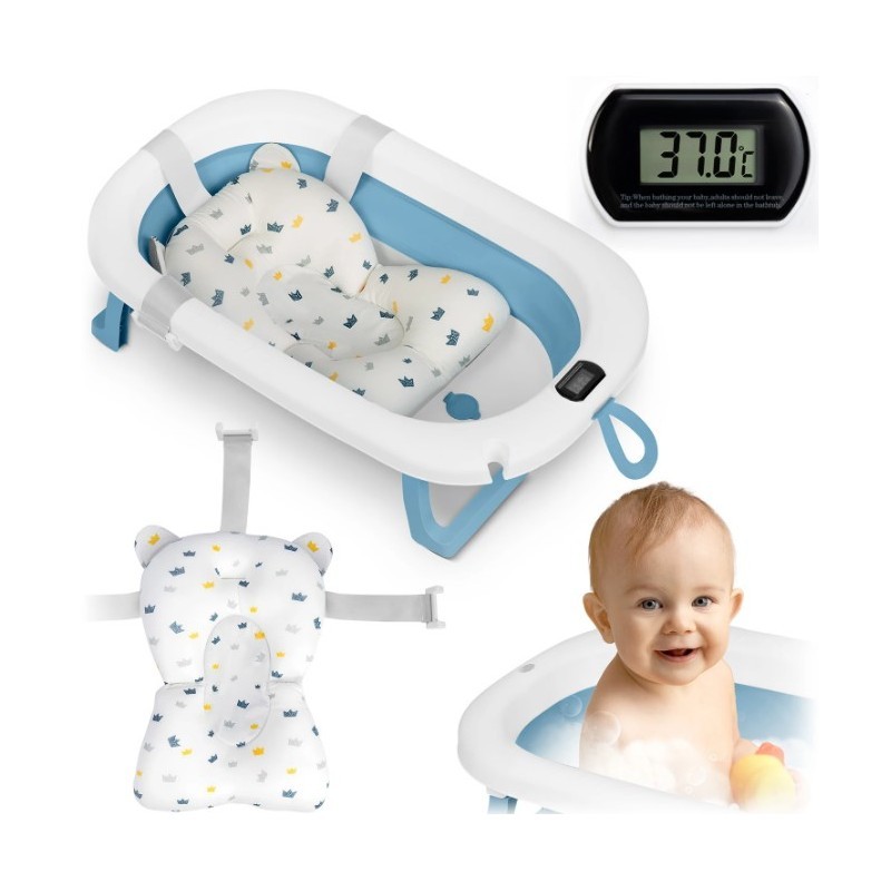 Kokkupandav beebivann sisuga ja termomeetriga, valge ja sinine