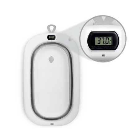 Kokkupandav beebivann termomeetri ja sisuga, valge ja hall