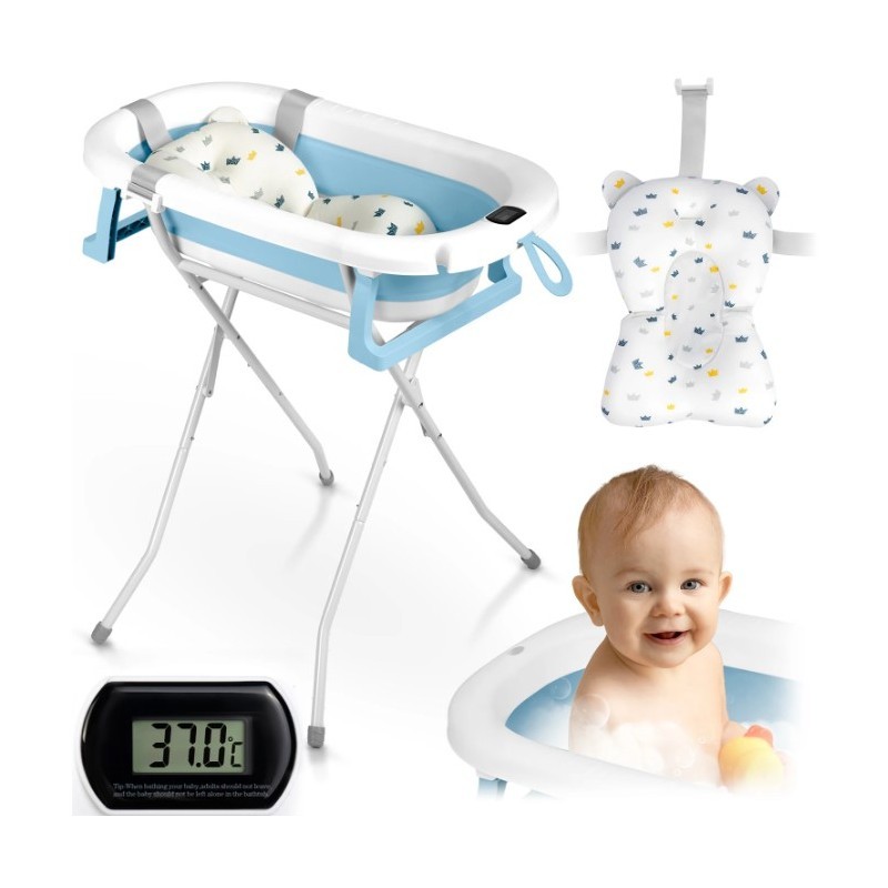 Kokkupandav beebivann alusega, termomeetri ja sisuga, valge ja sinine