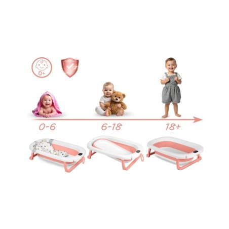 Kokkupandav beebivann alusega, termomeetri ja sisuga, valge ja roosa