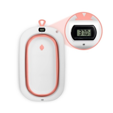 Kokkupandav beebivann alusega, termomeetri ja sisuga, valge ja roosa