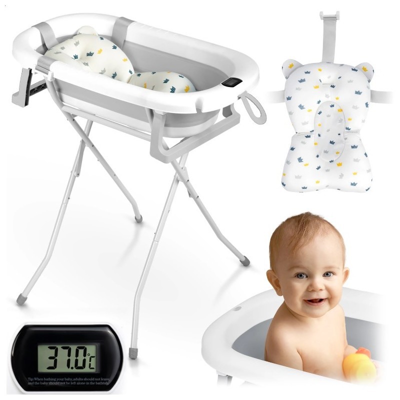 Kokkupandav beebivann alusega, termomeetri ja sisuga, valge ja hall