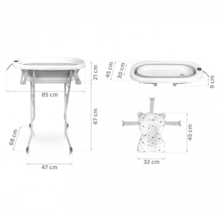 Kokkupandav beebivann alusega, termomeetri ja sisuga, valge ja hall